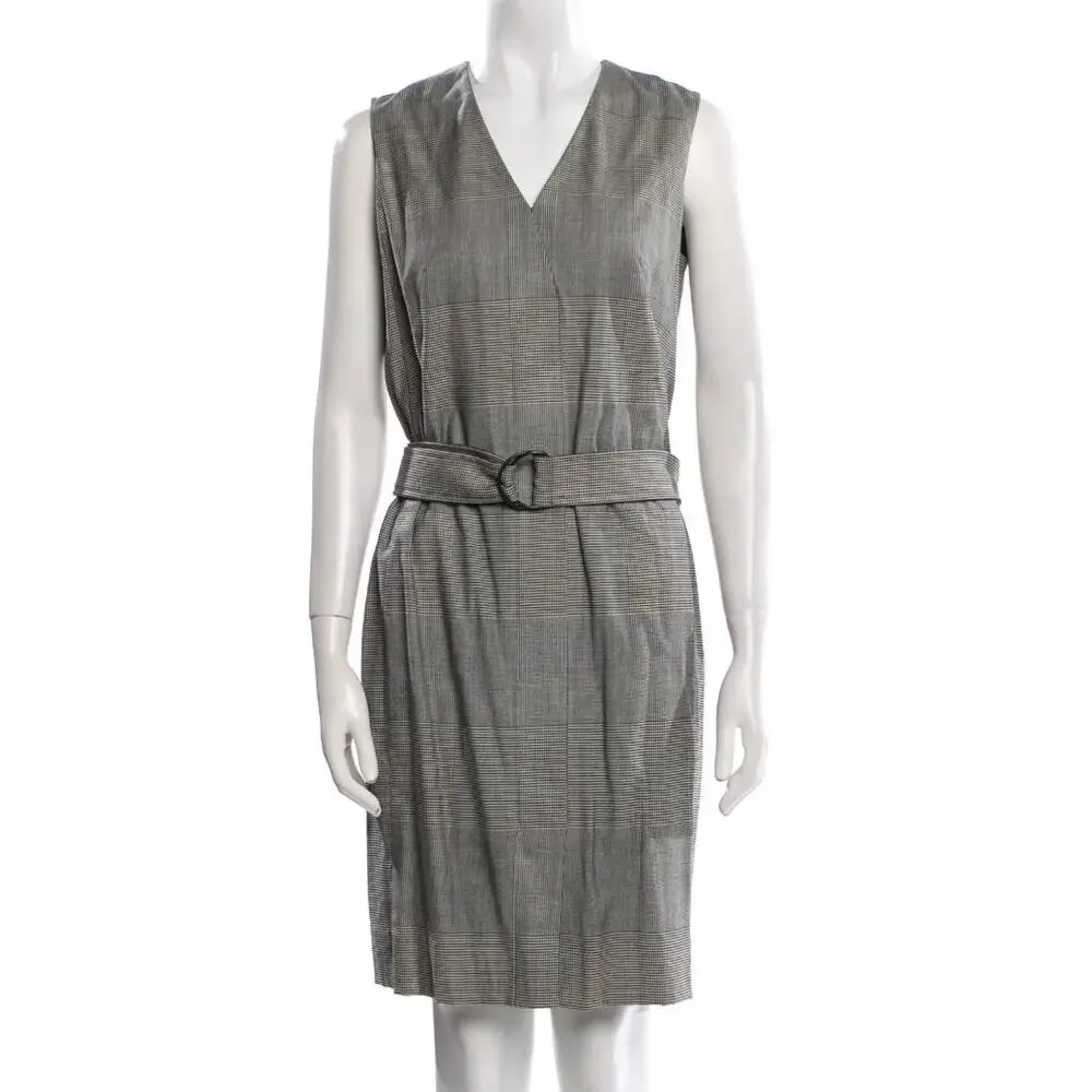 AKRIS PUNTO Women's Belted Prince of Wales Dress Size 6 Gray Houndstooth Plaid